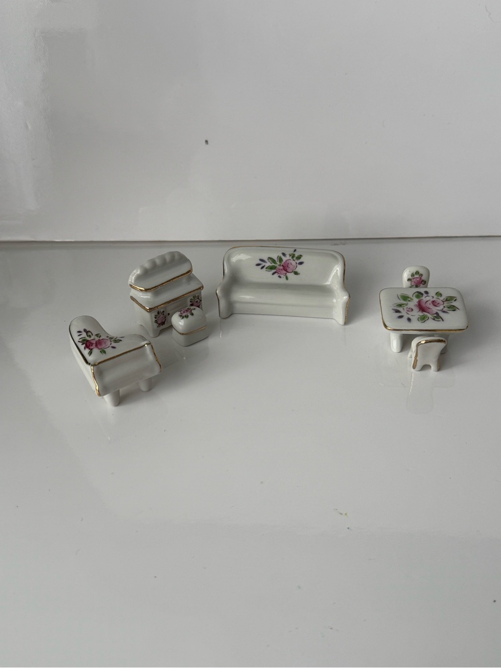 Japan Dollhouse Miniature Furniture Sofa Chair Tables Piano Stool Porcelain 7 Pc